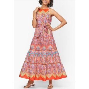 Talbots Maxi Sundress Women's Size 12 Boho Resort Coastal Paisley Tie Belt Lined